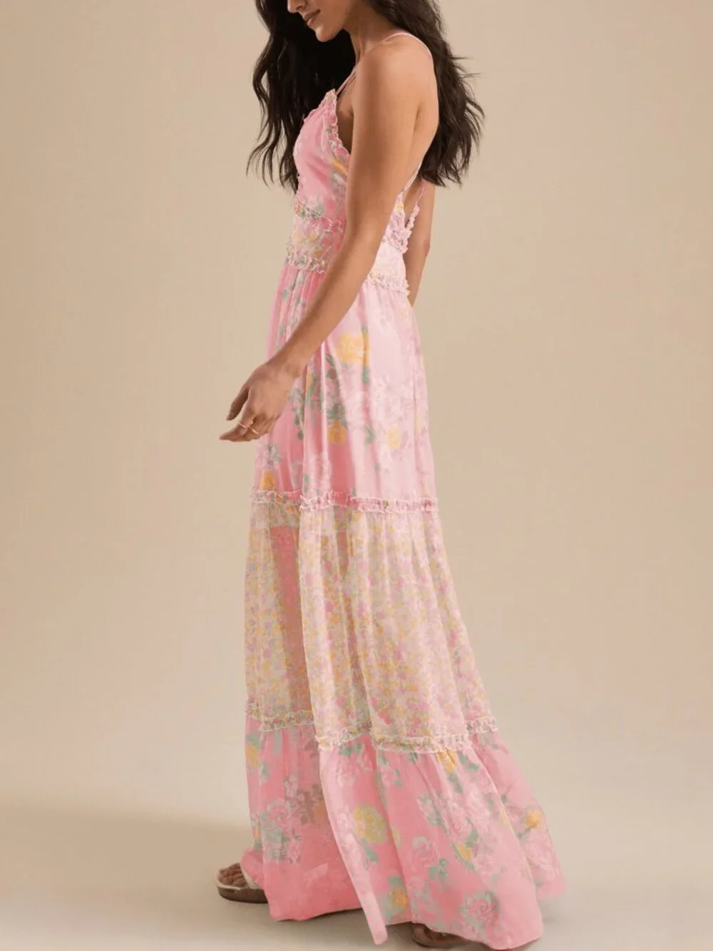 Pink Boho Women's Floral Print Cami V Neck Flowy A-Line Party Dress - Picture 3 of 3